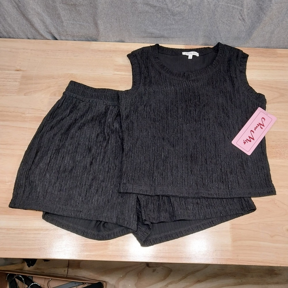 New Mix Womens 2 Piece Set Textured Tank and Shorts HK503 Large Black